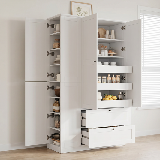 TOPMAX 73.6' Tall Farmhouse Kitchen Pantry Cabinet with 8 Shelves, 2 Drawers, 3 Pull-Out Trays, 4 Doors and Side Cabinets for Kitchen & Dining Room, White