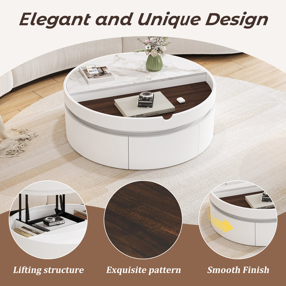 White Round Lift Coffee Table with 1 Drawer in 29.5', Marble Veneer and Wood Grain Tabletop