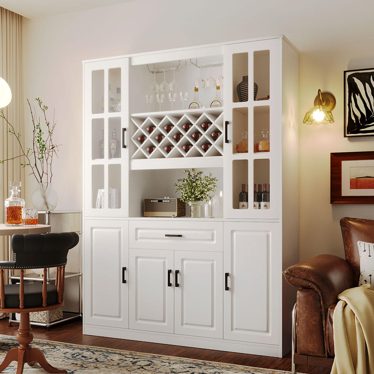 U_Style 74.1" Tall Wine Cabinet with Wine Rack & Glass Holder, 4-Door Storage Cabinet with Drawer & Open Shelves, Multifunctional Kitchen & Bar Cabinet with Door Storage for Kitchen, Dining Room
