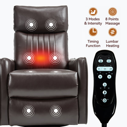 Brown Faux Leather Heat Massage Manual Recliner Chair with Rocker and Swivel for Living Room