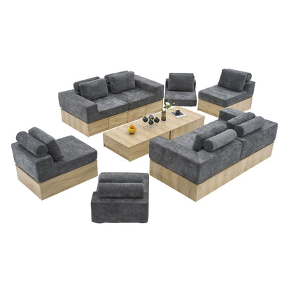 8-seat Modular Sectional Sofa with Storage Drawers, Multi-Functional L-Shaped Couch with Built-In Cabinet Base and Center Table Design, Convertible Combination Sofa Set, Modern Upholstered Sofa