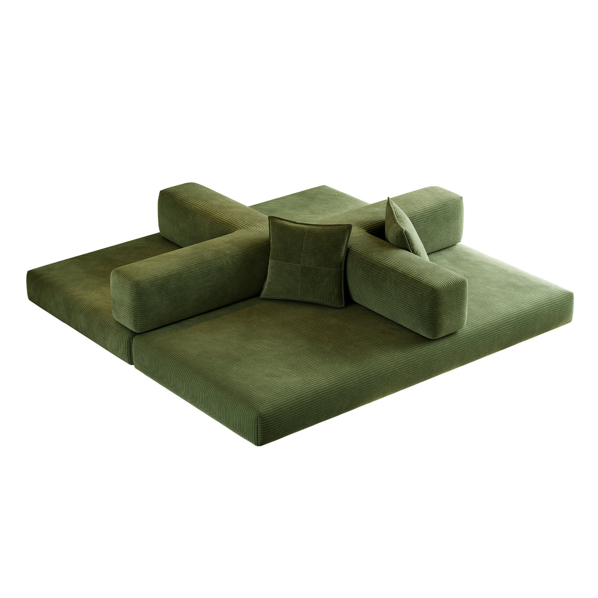 79-Inch Teddy Couch Convertible Sleeper Sofa Bed, 5-in-1 Corduroy Floor Sofa with High-Density Foam, Metal Back and Arm Supports, Washable Cover and Side Pockets, Green