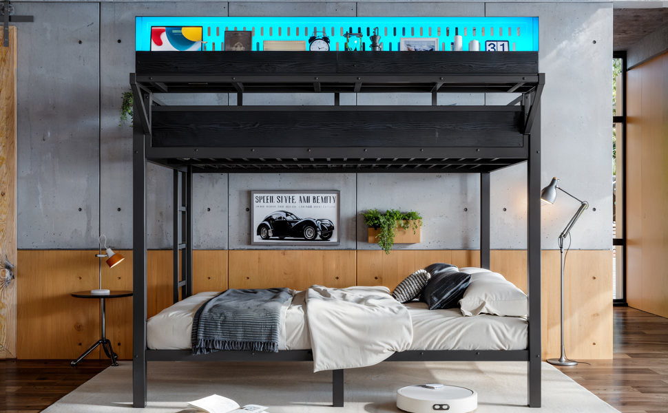 Queen over Queen Size Metal Bunk Bed with Storage Shelves and Pegboard, Bunk Bed Frame with USB Ports and LED Lights, Space-Saving, for Teens and Adults, Black