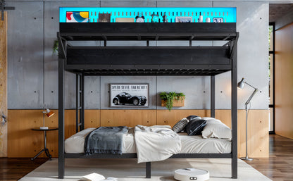 Queen over Queen Size Metal Bunk Bed with Storage Shelves and Pegboard, Bunk Bed Frame with USB Ports and LED Lights, Space-Saving, for Teens and Adults, Black