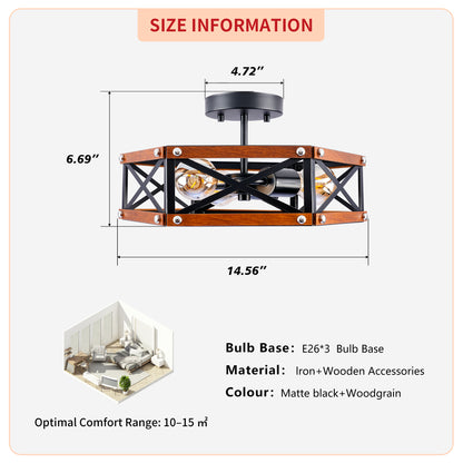 Rustic Farmhouse Wood Flush Mount Ceiling Light Fixture 14.57 inch Wood and Metal Cage Semi Flush Mount Ceiling Light for Hallway Entry Dining Farmhouse Bedroom Living Room,--Matte Black