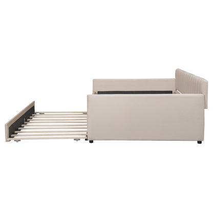 Full Size Upholstered daybed with Trundle and Wood Slat Support, Beige(Old SKU:LP000121AAA)