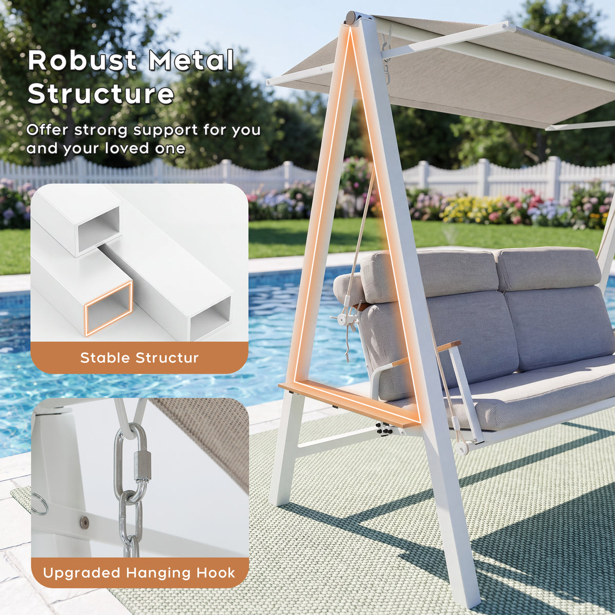 Outdoor Patio 3 seaters Metal Swing Chair Swing bed with Cushion and Adjustable Canopy Champagne Color