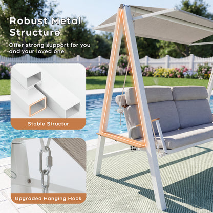 Outdoor Patio 3 seaters Metal Swing Chair Swing bed with Cushion and Adjustable Canopy Champagne Color
