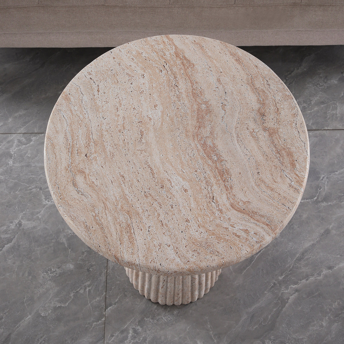 Fluted Pedestal Round Coffee Table, MgO Faux Travertine Accent Coffee Table, Indoor & Outdoor Decorative Table for Living Room Backyard Patio, Top Dia 17.91" x H 24.02"