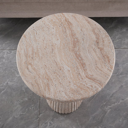 Fluted Pedestal Round Coffee Table, MgO Faux Travertine Accent Coffee Table, Indoor & Outdoor Decorative Table for Living Room Backyard Patio, Top Dia 17.91" x H 24.02"