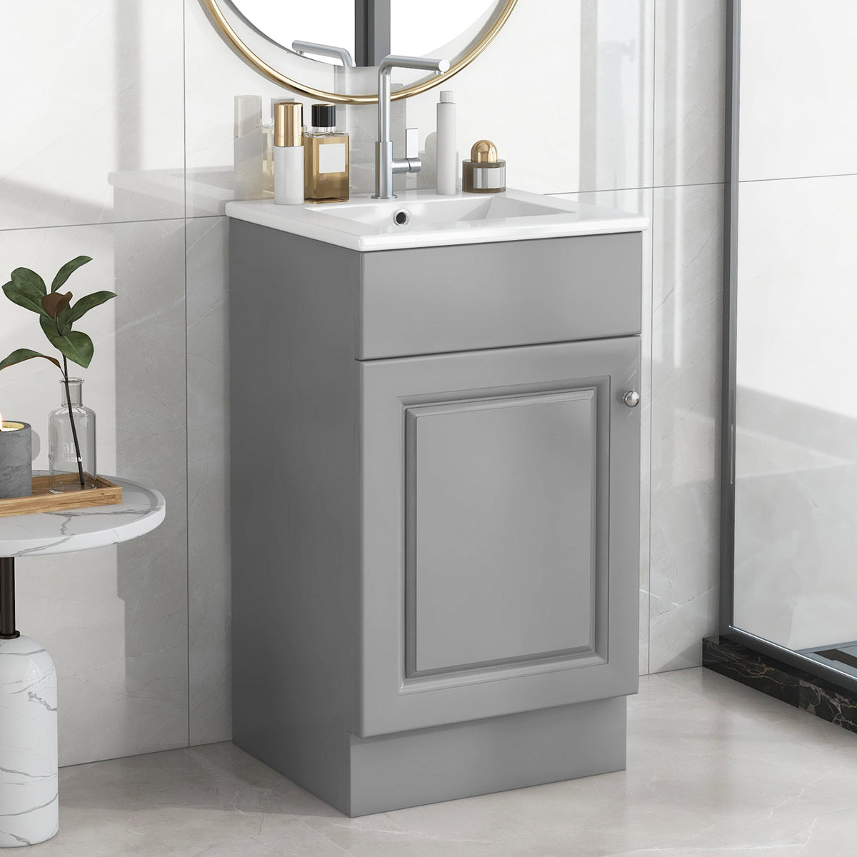 [Video] 18" Bathroom Vanity with Sink, Vanity Cabinet with Door Shelf and Adjustable Shelf, Grey