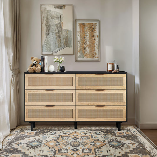 51.18'6-Drawers Rattan Storage Cabinet Rattan Drawer,for Bedroom,Living Room,Black (Same SKU:W757112779)