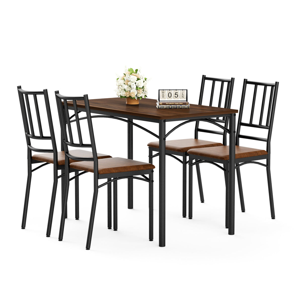 Dining Table Set, Bar Table with 4 Dining Benches, Kitchen Table Counter with Chairs, Industrial for Kitchen Breakfast Table, Party Room – Walnut