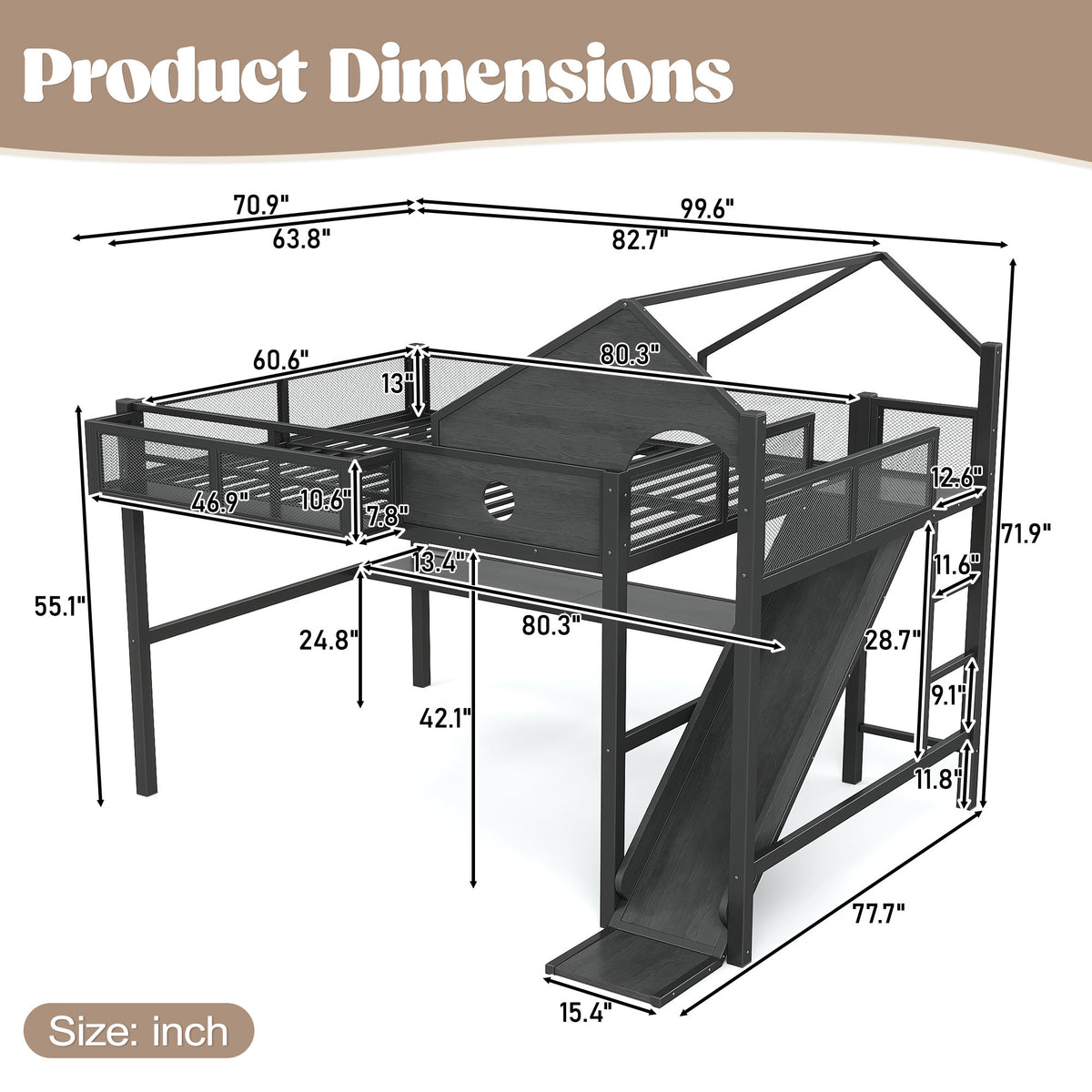Queen Size Multifunctional Loft Bed with Slide, Desk,and Storage Shelves, Metal Loft Bed Frame With USB Ports And Led Lights, Triangular Geometry House Design, Black