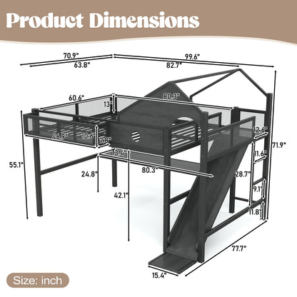Queen Size Multifunctional Loft Bed with Slide, Desk,and Storage Shelves, Metal Loft Bed Frame With USB Ports And Led Lights, Triangular Geometry House Design, Black