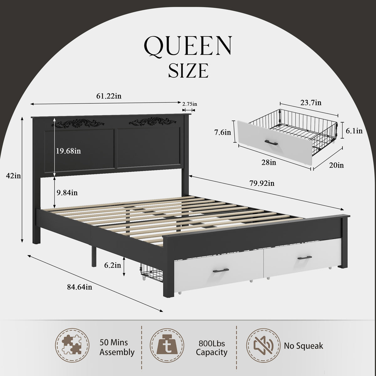 Queen size Rustic farmhouse-style furniture, sturdy frames, noise-free design, under-bed storage space, easy assembly, white + black.