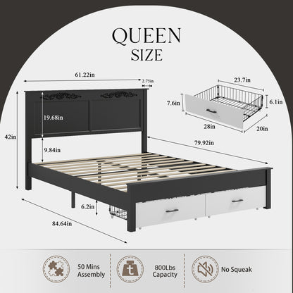 Queen size Rustic farmhouse-style furniture, sturdy frames, noise-free design, under-bed storage space, easy assembly, white + black.