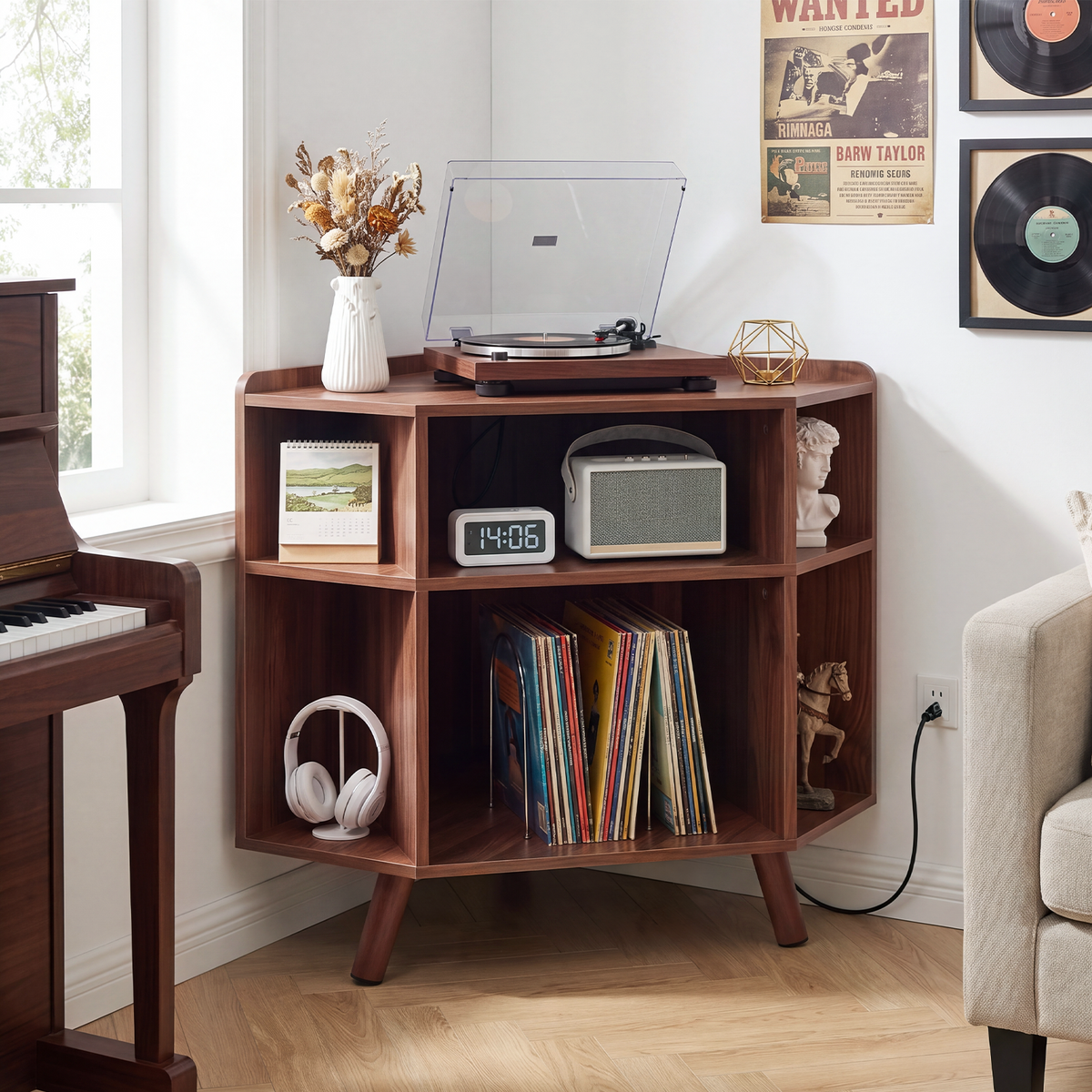 3 Tier Mid Century Modern Corner Record Player Stand, Wood Turntable Corner Cabinet with Charging Station & USB Ports, Small Vinyl Record Storage Stand for Bedroom , Music Room (Walnut)