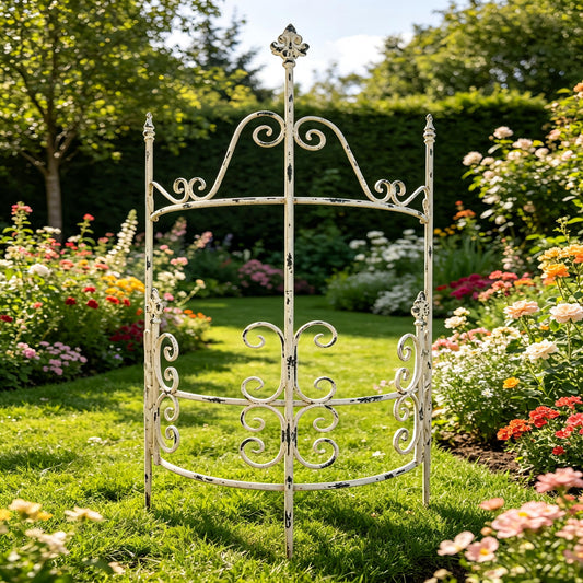Size 48.21'' * 27.16''Iron Garden Fence, Pretty Vintage White Rustic Style Decorative Fence Pannels, Outdoor Yard Landscape Pathway Border Panels Anti Animal Flowers Plants Barrier Climbing Trellis