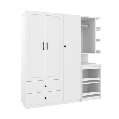 Multifunctional Wardrobe with 2 Doors and Hanging Rod, Wooden clothes closet with Convertible Desk and Storage Drawers – Model W1580S00475