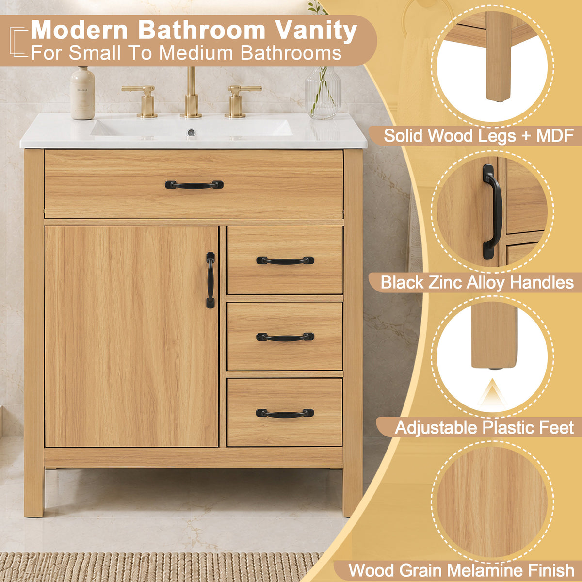 Modern 30 Inch Bathroom Vanity with Ceramic Sink, MDF Cabinet & Solid Wood Legs, Soft Close Drawers, Black Zinc Alloy Handles, Wood Finish