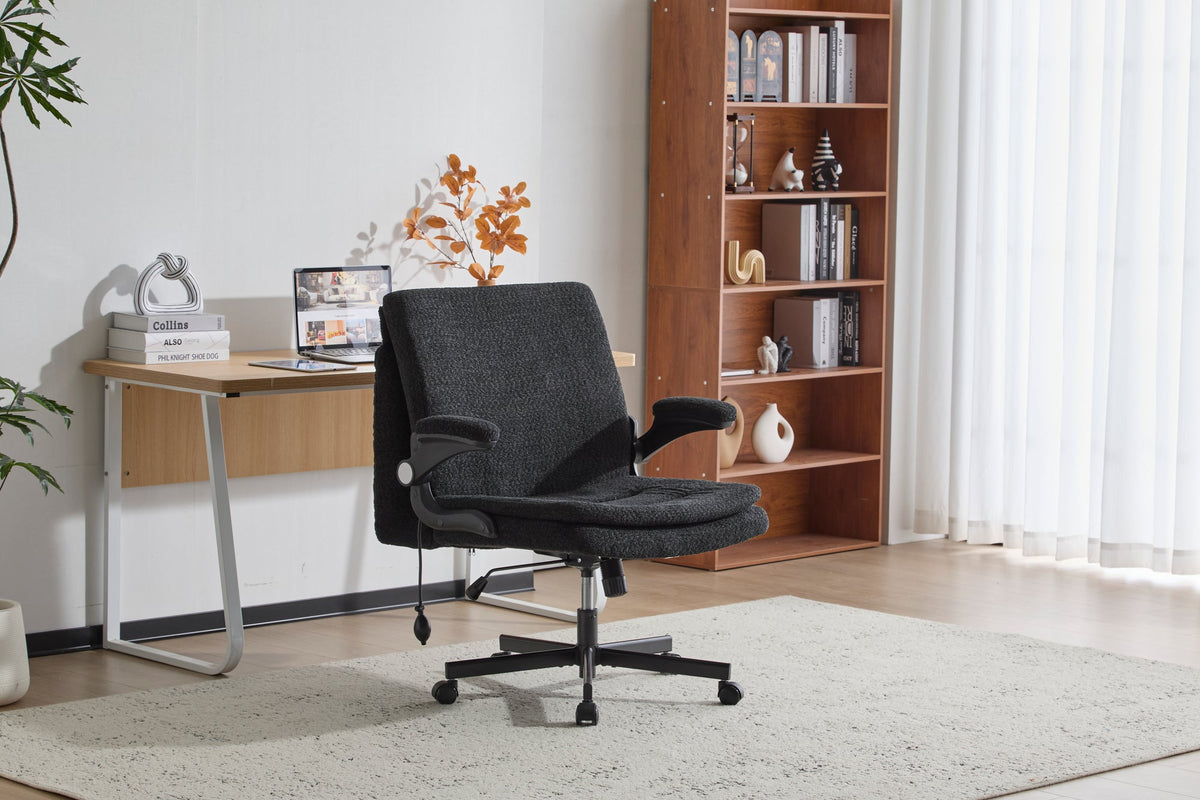 Criss Cross Legged Office Chair with Flip-Up Back Built-In Dynamic Airbag Lumbar Support, Wide Seat Desk Chair with Flip-Up Arms and Wheels, Modern Cross-Leg Chair for Home Office, Vanity, Black.