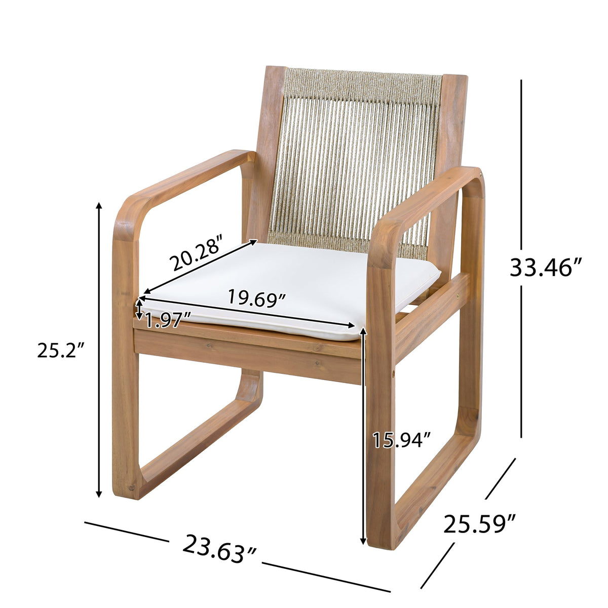 2-Piece Outdoor Dining Chairs Set: Acacia Wood with Multi Brown Rope Back & Beige Cushion, Water Repellent Fabric, 400 lbs Capacity, Light Teak Finish