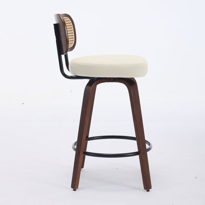 Set of 2 Counter Height Bar Stools - 26 inch Rattan Counter Height Stools with Cane Back, Upholstered Seat, Walnut Craftsmanship, Swivel Counter Stools for Island/Kitchen/Counter/Bar (Walnut /Beige)