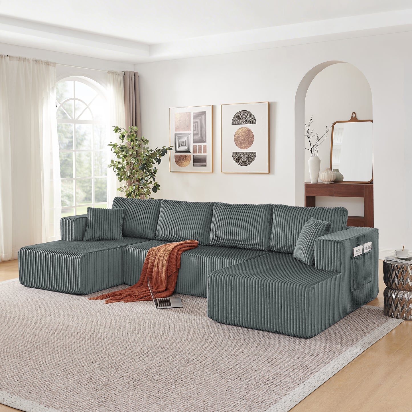 132' U Shaped Modular Sectional Sofa, Comfy Compressed Cloud Couch with Side Pockets, Modern Minimalist Corduroy Memory Foam Sleeper Sofa for Living Room, No Assembly Required,Dark Grey