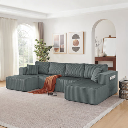 132' U Shaped Modular Sectional Sofa, Comfy Compressed Cloud Couch with Side Pockets, Modern Minimalist Corduroy Memory Foam Sleeper Sofa for Living Room, No Assembly Required,Dark Grey