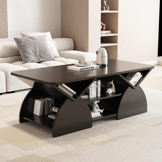 Modern Geometric Engineered Wood Coffee Table with Rounded Corners, Black, 47.24" x 23.62"