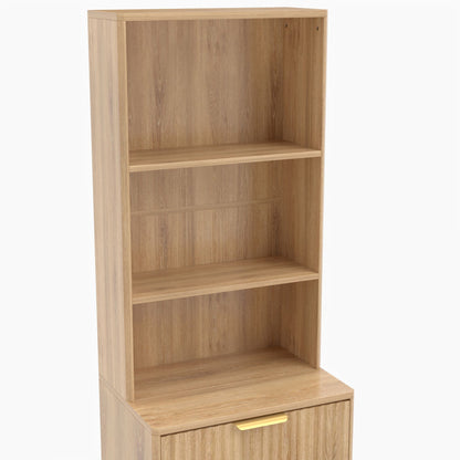Tall Narrow Fluted Storage Cabinet with 10-Gallon Hidden Trash Bin Compartment, Freestanding Cabinet, Fixed Open Shelves & Drawer, Anti‑Tip for Kitchen Home‑Office Living Room (Trash Can NOT Included)