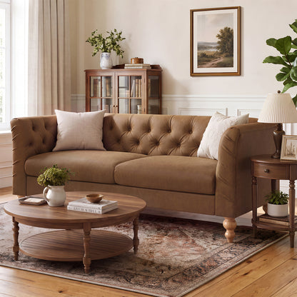 73.5'' Chesterfield Sofa PU Upholstered Couch with Flared Arms, Tufted Back & Natural Rubberwood Legs Multi Cushion Seat Sofa for Living Room and Home Lounge, Brown