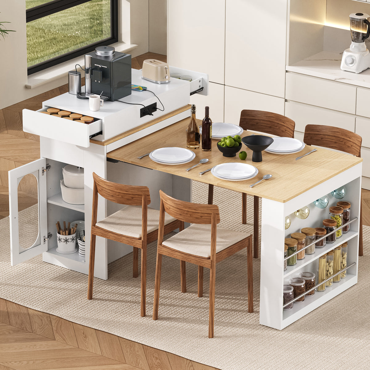 [VIDEO] TREXM Extendable Dining Table with Folding Tabletop, Bar Table with Drawers and Power Outlet, Kitchen Island with Wheels and Hooks, Sideboard for Kitchen and Dining Room (Creamy White+Natural)