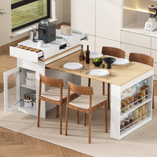 [VIDEO] TREXM Extendable Dining Table with Folding Tabletop, Bar Table with Drawers and Power Outlet, Kitchen Island with Wheels and Hooks, Sideboard for Kitchen and Dining Room (Creamy White+Natural)