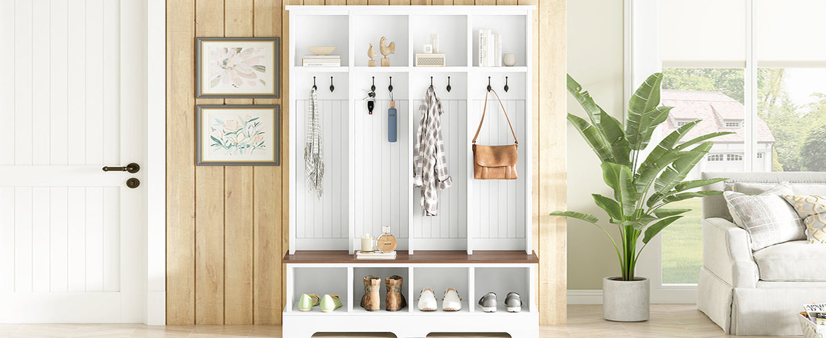 Farmhouse Hall Tree with 8 Hooks, Practical Entryway Bench with Open Compartments, 76.7"H Modern 3-in-1 Wooden Style Coat and Shoe Rack for Mudroom, Living Room, White (OLD SKU: N721S000075K)