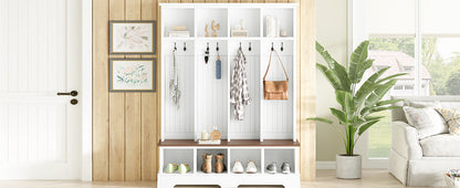 Farmhouse Hall Tree with 8 Hooks, Practical Entryway Bench with Open Compartments, 76.7"H Modern 3-in-1 Wooden Style Coat and Shoe Rack for Mudroom, Living Room, White (OLD SKU: N721S000075K)