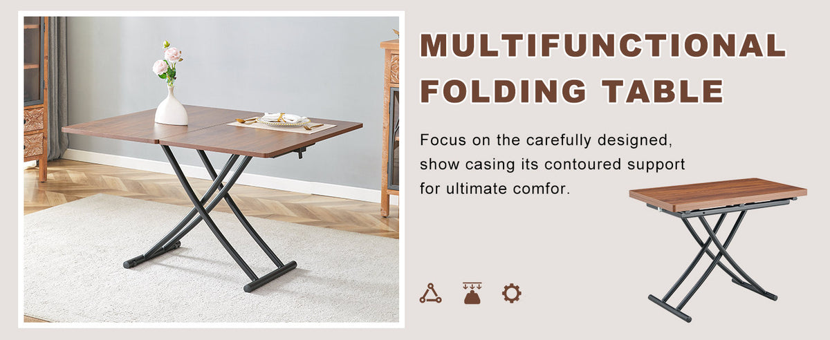 Modern minimalist multifunctional lift table with 0.8 inch thick MDF desktop and black metal legs, can be used as a dressing table, coffee table, dining table, and office table.Walnut textured desktop