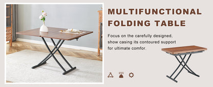 Modern minimalist multifunctional lift table with 0.8 inch thick MDF desktop and black metal legs, can be used as a dressing table, coffee table, dining table, and office table.Walnut textured desktop