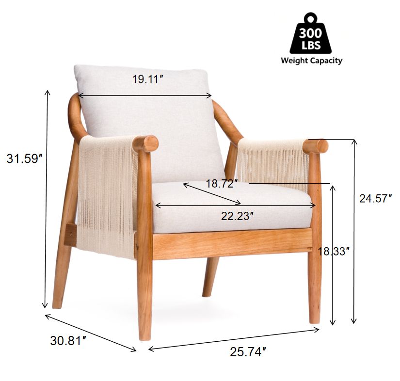 Accent Chair, Solid Hardwood Frame with Hand-Woven Paper Rope Arm, Mid-Century Modern Armchair with Soft Linen-Blend Cushion, Natural Wood Finish for Living Room, Bedroom, Reading Nook, Entryway