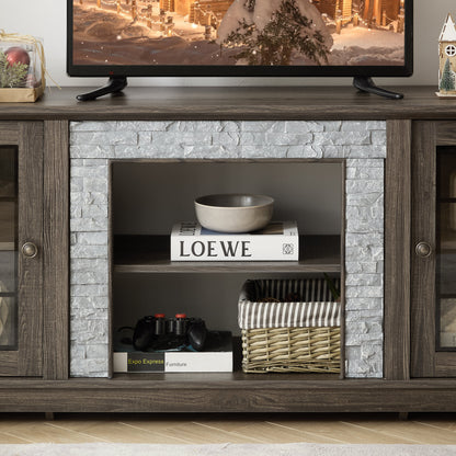 58" Modern TV Stand with 2-Door Storage, Faux Stone Media Console Cabinet, Grey Large Entertainment Center