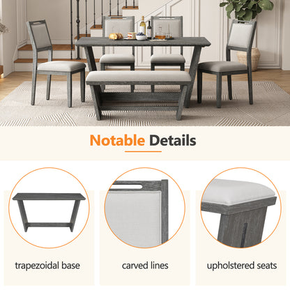 TREXM 6-Piece Retro Dining Table Set for 6, 60" Wood Kitchen Table and Chairs Set of 4 with Bench Designed Trestle Base - Gray – 102.3 Lbs