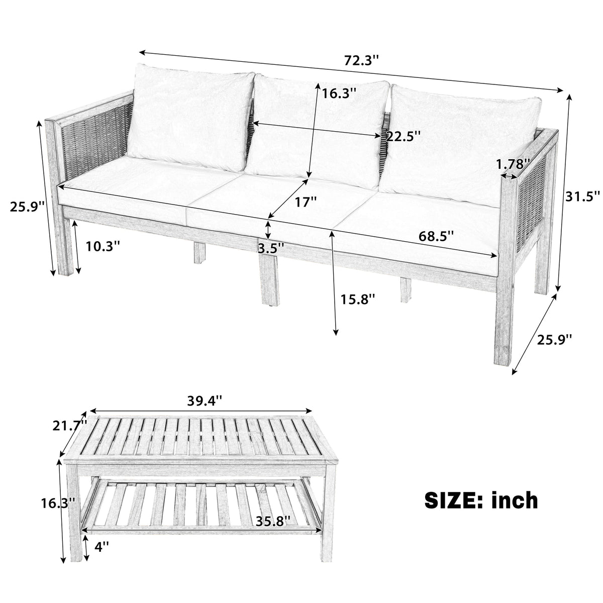 3-Seater Patio Set Outdoor Sofa & Coffee Table Set 2 Piece Outdoor Conversation Patio Furniture Set with Cushions and a Coffee Table for Garden, Backyard, Balcony, Poolside,Grey Cushion +Natural Wood