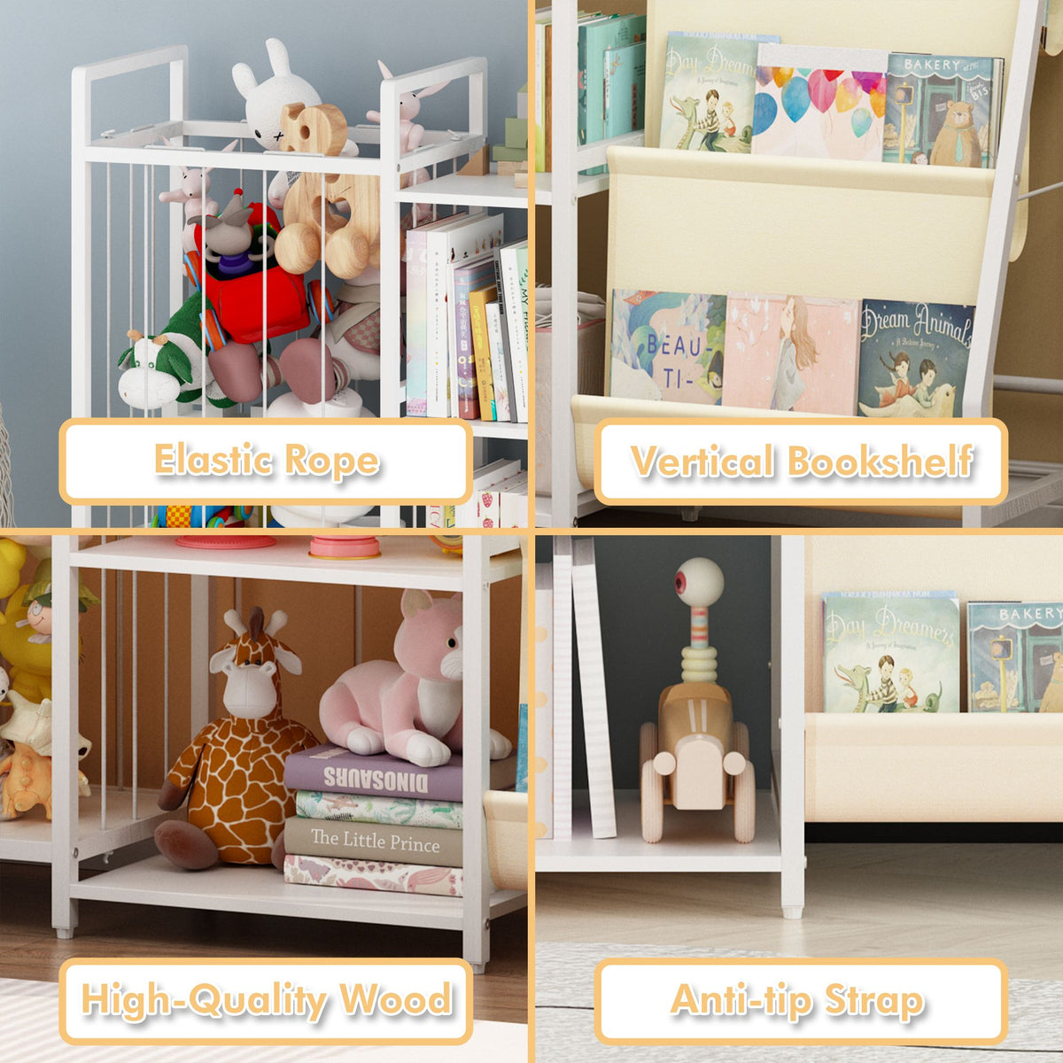 Kids Bookshelf and Toy Storage, 3-in-1 Book Shelf for Kids Rooms, Sling Baby Bookcase with Stuffed Animal Storage, Toddler Montessori Bookshelf for Nursery, Playroom, Kindergarten, White