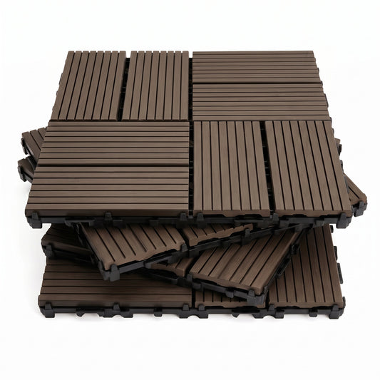 Interlocking WPC Deck Tiles 11.8"x11.8", Wood Plastic Composite Patio Floor Tiles, Waterproof Drainage Outdoor Flooring for Balcony, Backyard, Poolside, 25 Pack,-8 panel,(dark brown)