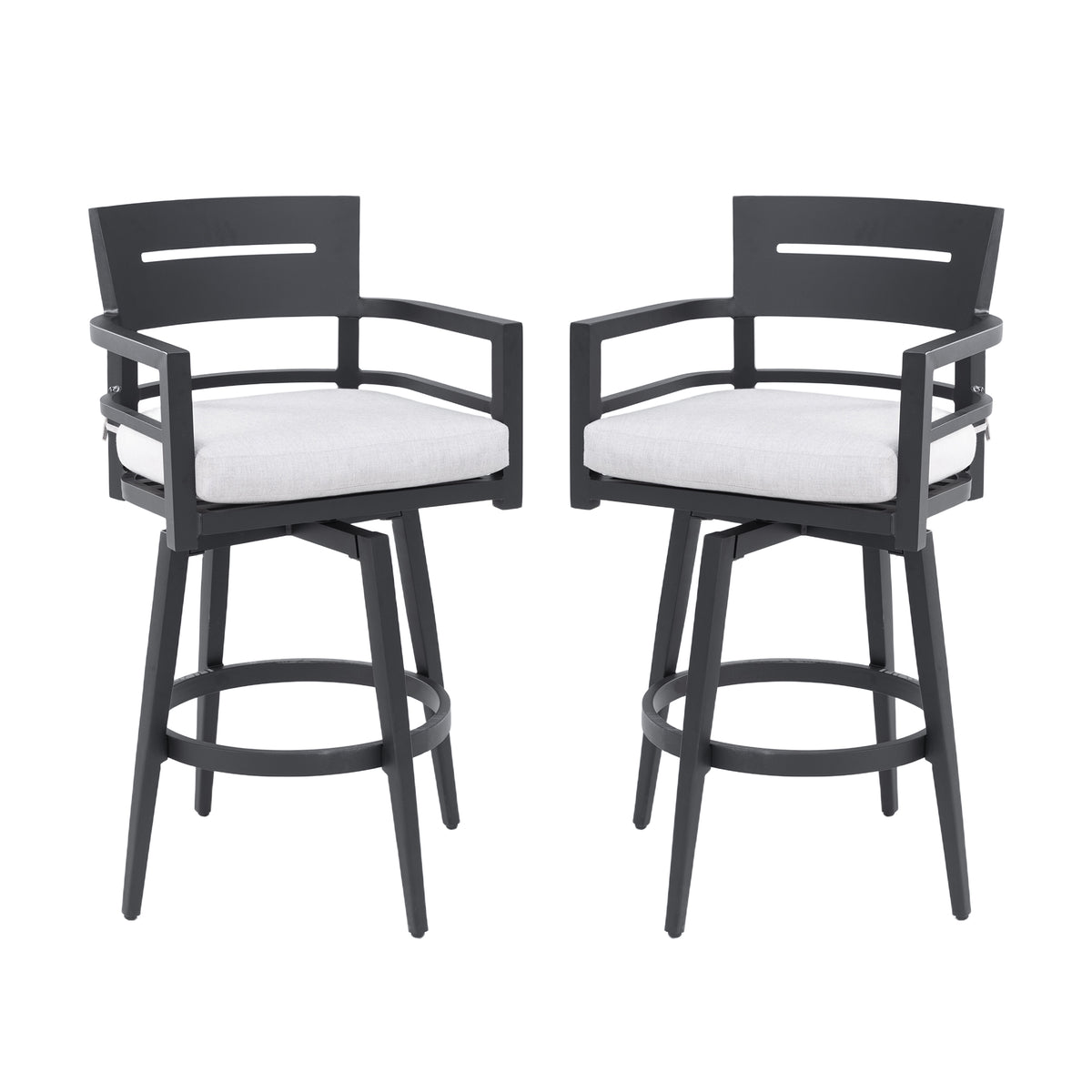 Modern Outdoor 2-Piece Swivel Bar Chairs – Aluminum Frame with Ember Black, 360° Swivel, Ergonomic Backrest & Armrests, Tapered Legs, Sunbrella Cushion, Weather-Resistant & Durable Patio Bar Stool