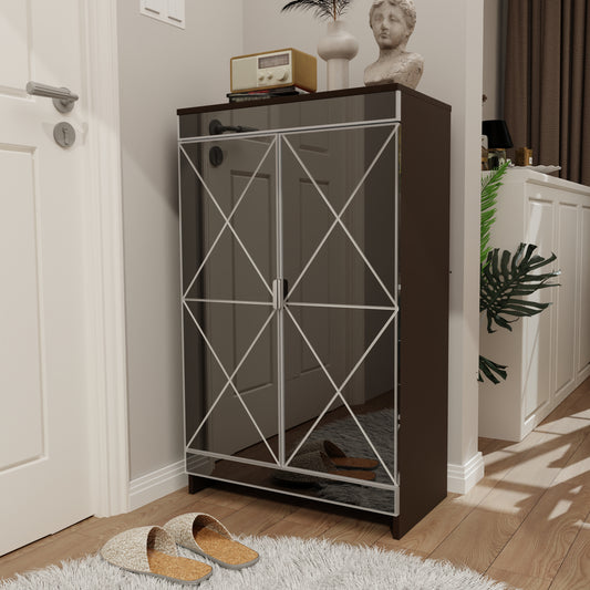Elegant Decor Mirrored Cabinet with Silver Edging,Mirrored Cabinet with Double Door Storage,Shoe Storage Cabinet for Entryway,Glass+Brown Finish