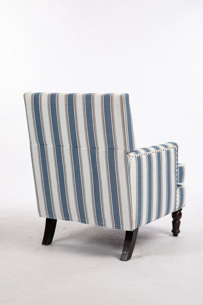 Upholstered Accent Chair, Vintage Armchair with Solid Wood Legs, Blue and White Striped Linen Fabric and Nailhead Trim for Living Room