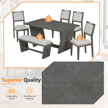 TREXM 6-Piece Retro Dining Table Set for 6, 60" Wood Kitchen Table and Chairs Set of 4 with Bench Designed Trestle Base - Gray – 102.3 Lbs