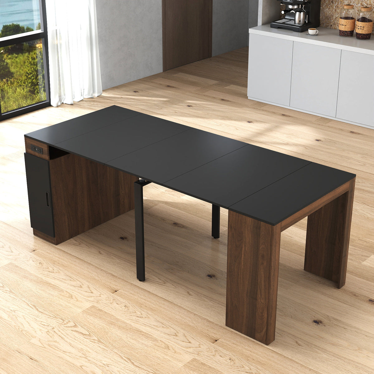 Modern Multifunctional Extendable Dining Table with Outlet, Space Saving Expanding Table with Storage for Party, Weddings, Meetings, Celebrations